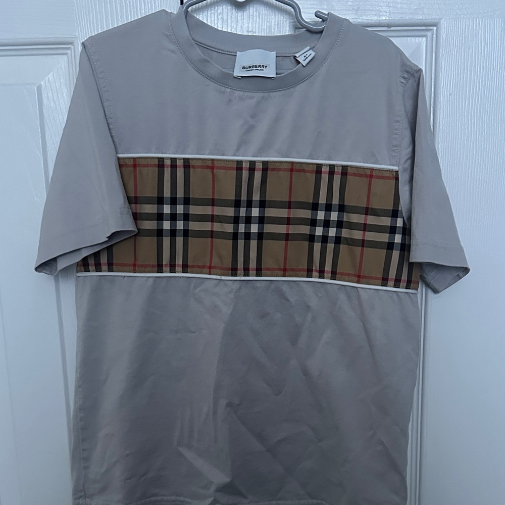 Burberry Gray Shirt with Tan Plaid Accent - Boys 8Y